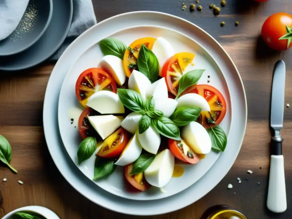 Deliciosa receta caprese renovada con menos calorías en una composición vibrante y apetitosa