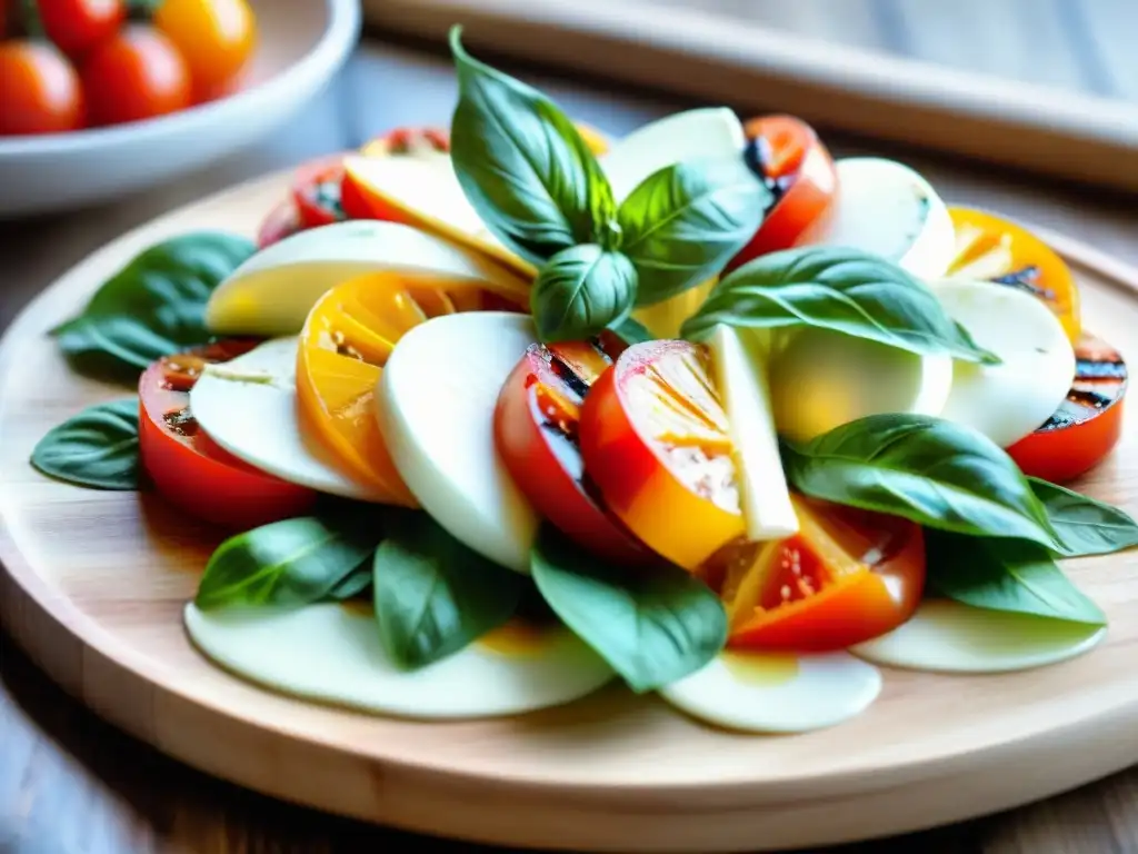 Deliciosa receta caprese renovada con menos calorías: tomate, mozzarella, albahaca y balsámico en una presentación fresca y colorida