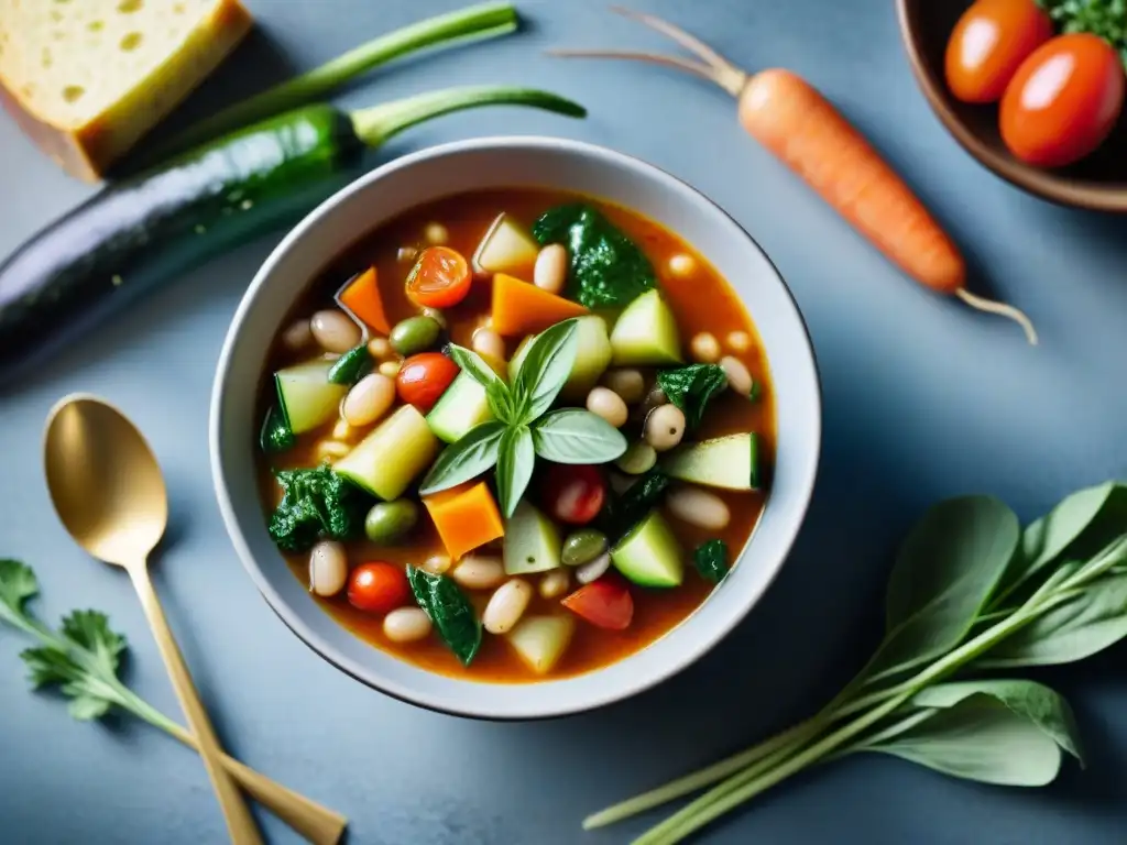 Deliciosa sopa minestrone con vegetales frescos y aroma reconfortante Deliciosa receta minestrone saludable, fácil de preparar, con vibrantes vegetales en caldo reconfortante
