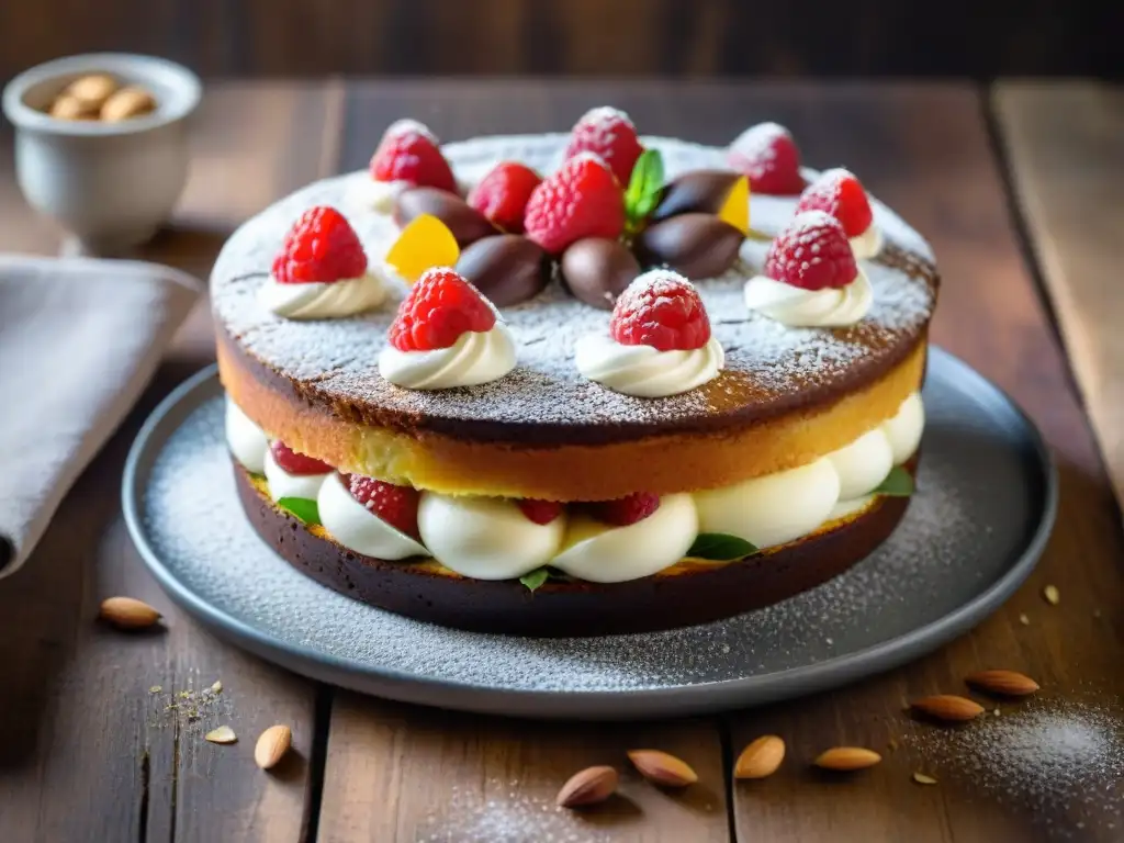 Torta Caprese: Deliciosa tentación de chocolate y almendras Deliciosa receta torta Caprese chocolate almendras en una mesa rústica con almendras y frambuesas frescas