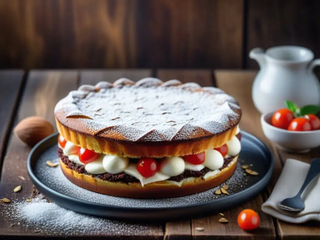 Torta Caprese: Delicia de chocolate y almendra Deliciosa Receta torta Caprese chocolate almendras: decadente pastel de chocolate y almendra con azúcar glas y almendras enteras sobre mesa rústica