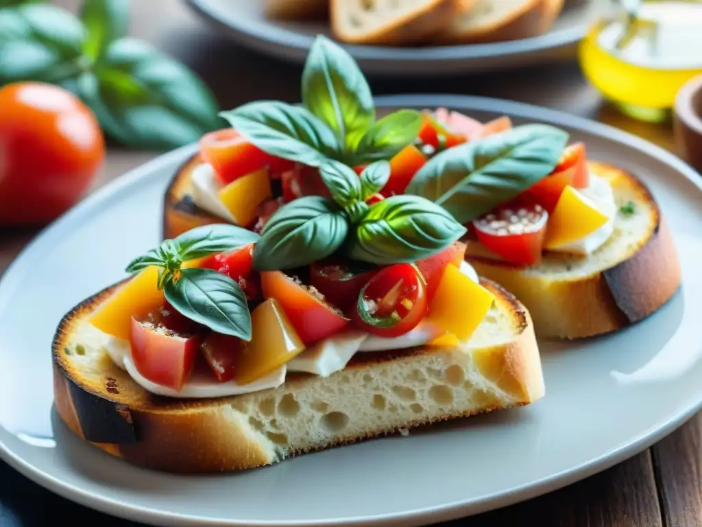 Deliciosa receta tradicional bruschetta italiana en mesa rústica con ingredientes coloridos y frescos