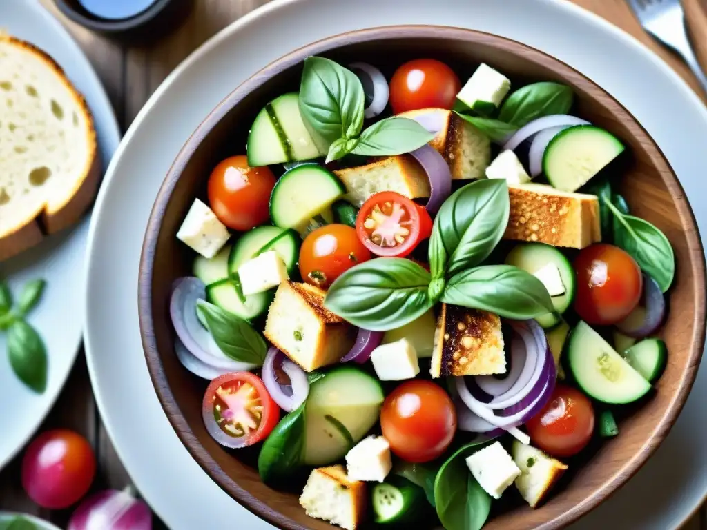 Una deliciosa receta tradicional panzanella italiana con ingredientes frescos y coloridos en un tazón de madera rústico