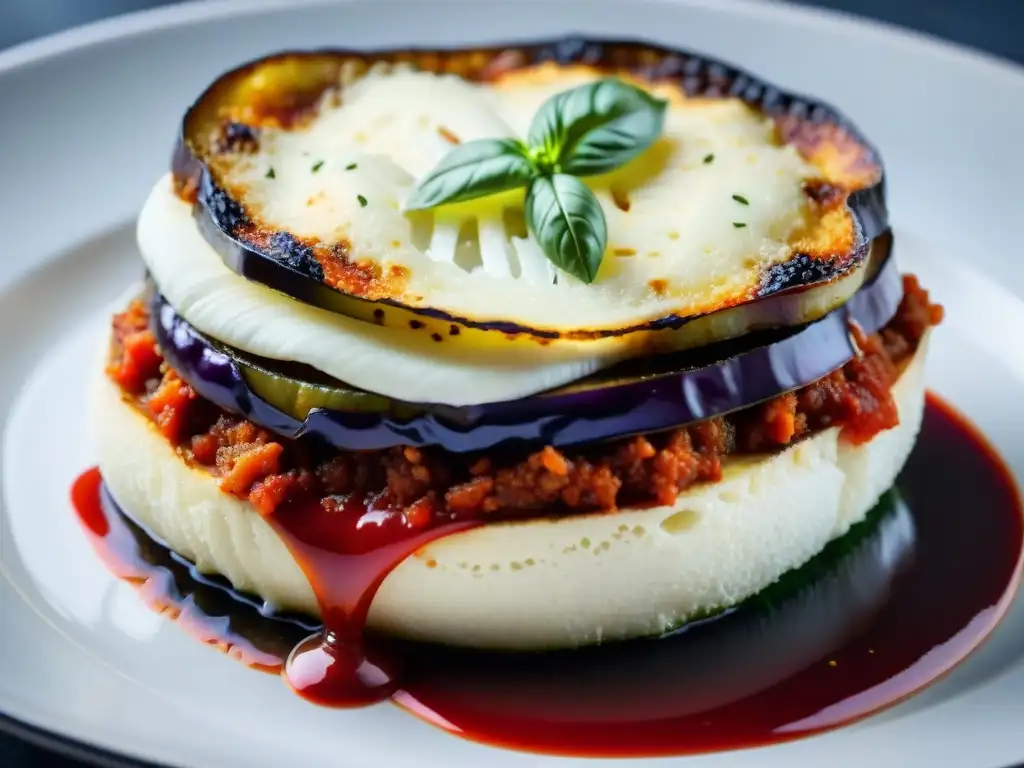 Deliciosa receta tradicional parmigiana berenjena con capas de berenjena tierna, salsa de tomate, queso fundido y Parmesano rallado