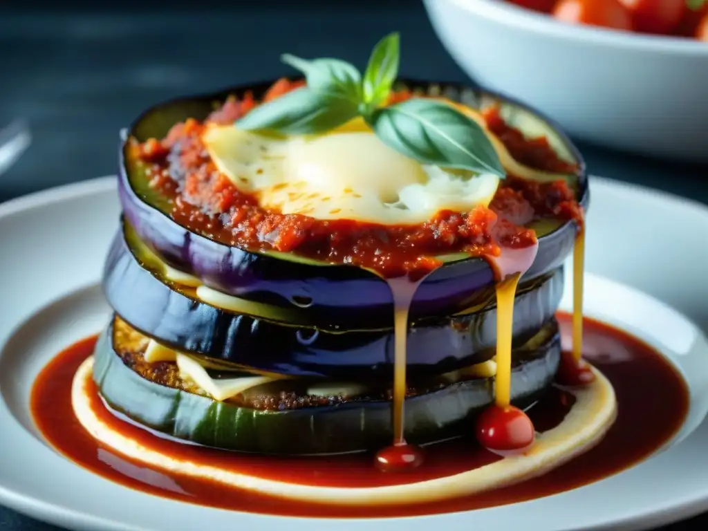 Deliciosa receta tradicional parmigiana berenjena con capas de berenjenas, queso derretido y salsa de tomate rojo vibrante