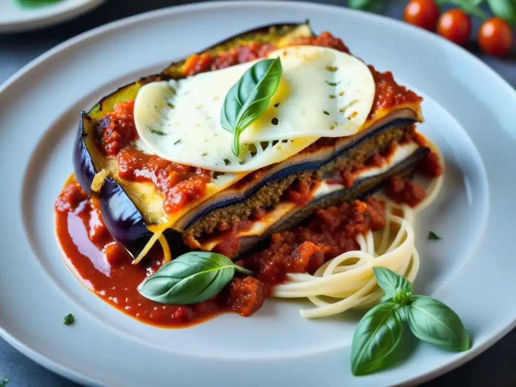 Deliciosa receta tradicional parmigiana berenjena con mozzarella derretida, salsa de tomate y albahaca fresca