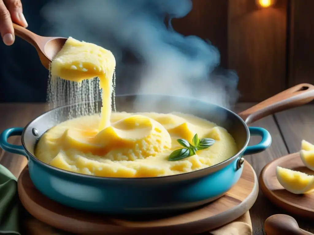 Deliciosa receta tradicional polenta italiana en olla de cocina humeante con cuchara de madera