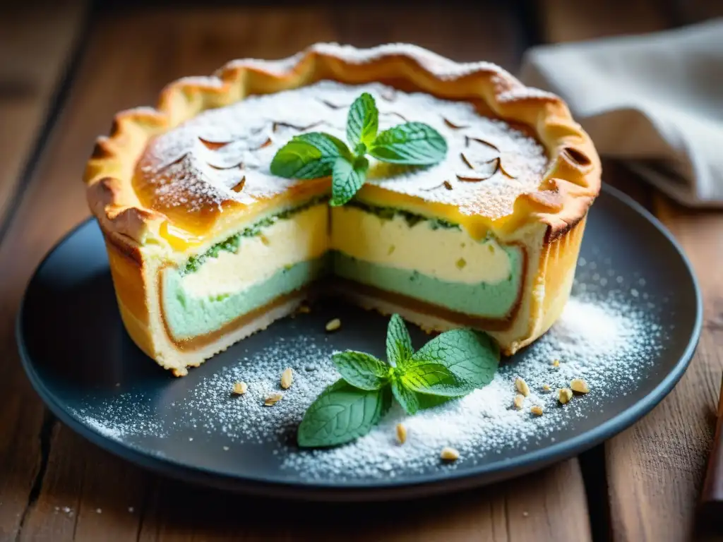 Deliciosa Receta tradicional Torta della Nonna: postre italiano en una mesa rústica con menta fresca y azúcar glas