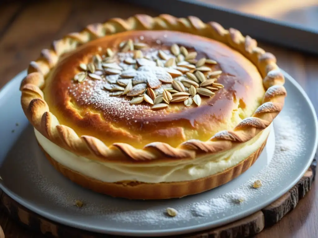 Deliciosa Receta tradicional Torta della Nonna recién horneada en mesa rústica con azúcar glas y aroma a vainilla y almendras