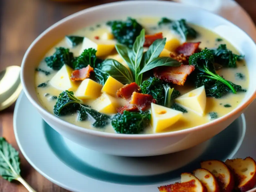 Una deliciosa receta Zuppa Toscana auténtica italiana: bowl caliente con bacon crujiente, chorizo, papas, kale fresco y caldo sabroso