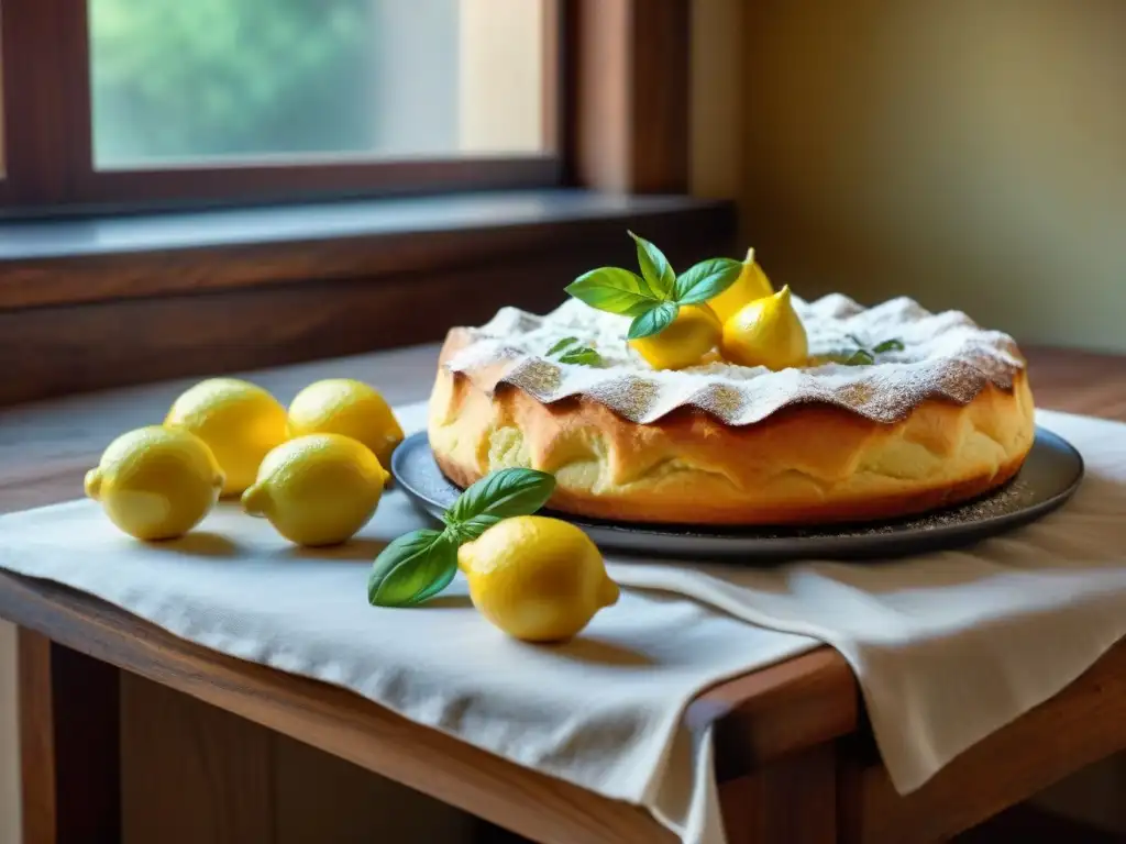 Deliciosa Torta di Ricotta receta fácil en cocina italiana rústica con limones y albahaca fresca al sol