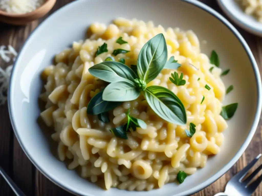 Delicioso risotto cremoso: tradición italiana en detalle Deliciosa guía para cocinar risotto italiano: un arroz cremoso con hierbas frescas y queso Parmesano, transmitiendo calidez y comfort