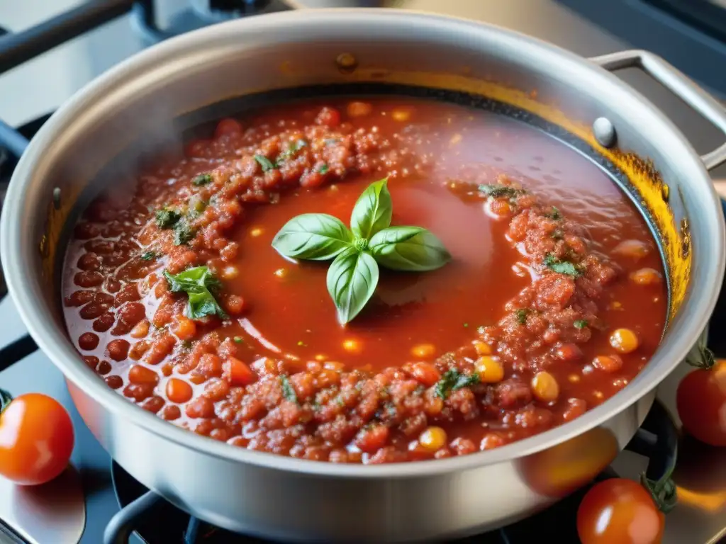 Deliciosa salsa marinara roja burbujeante en la estufa, con tomates, albahaca y ajo