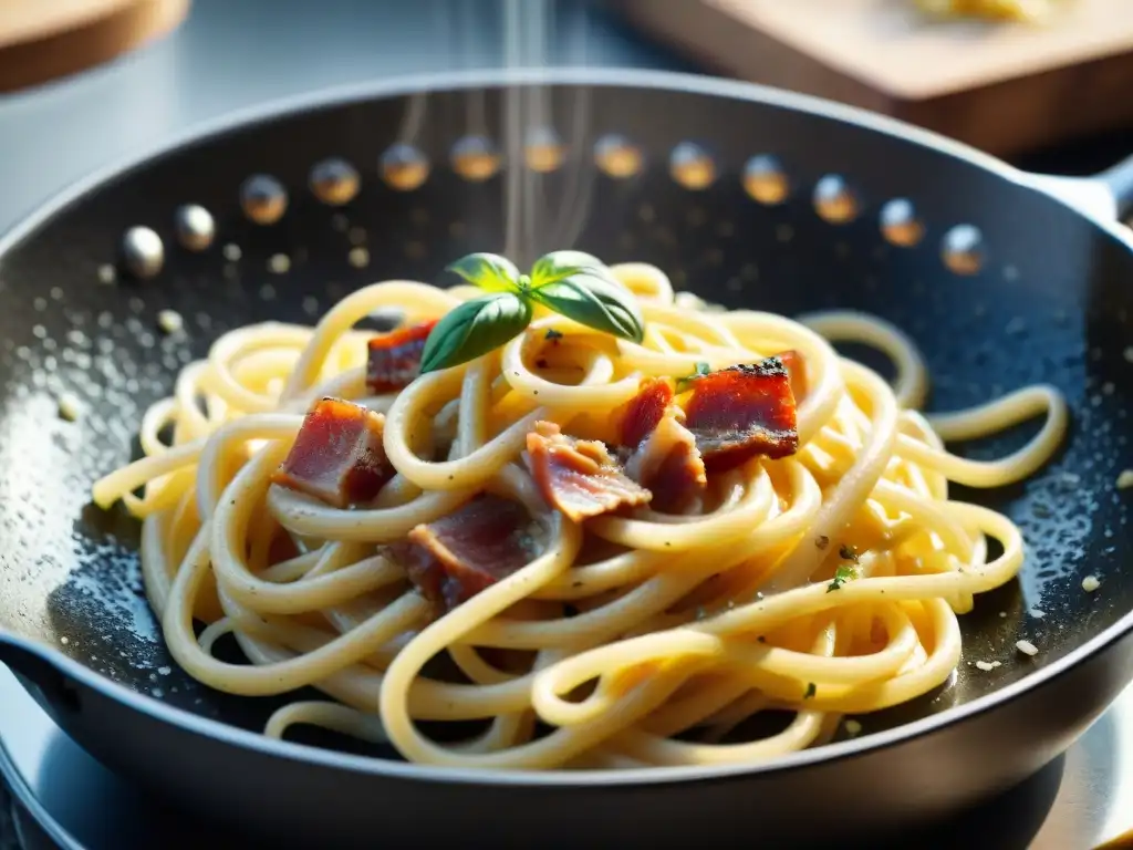 Deliciosa salsa carbonara burbujeante en sartén, con panceta, pimienta y queso pecorino