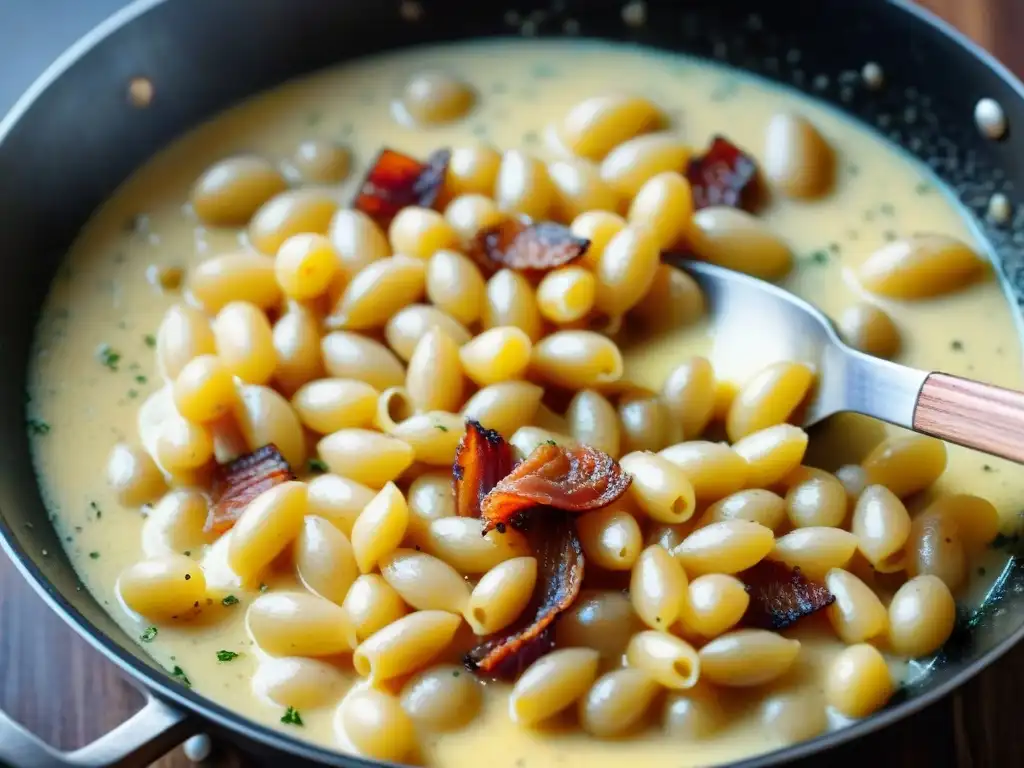 Deliciosa salsa carbonara casera con panceta crujiente y queso pecorino, representando las salsas italianas tradicionales y modernas