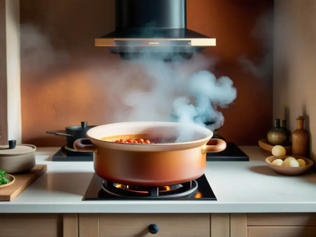 Deliciosa salsa de tomate burbujeante en una olla de terracota en una cocina lenta italiana acogedora