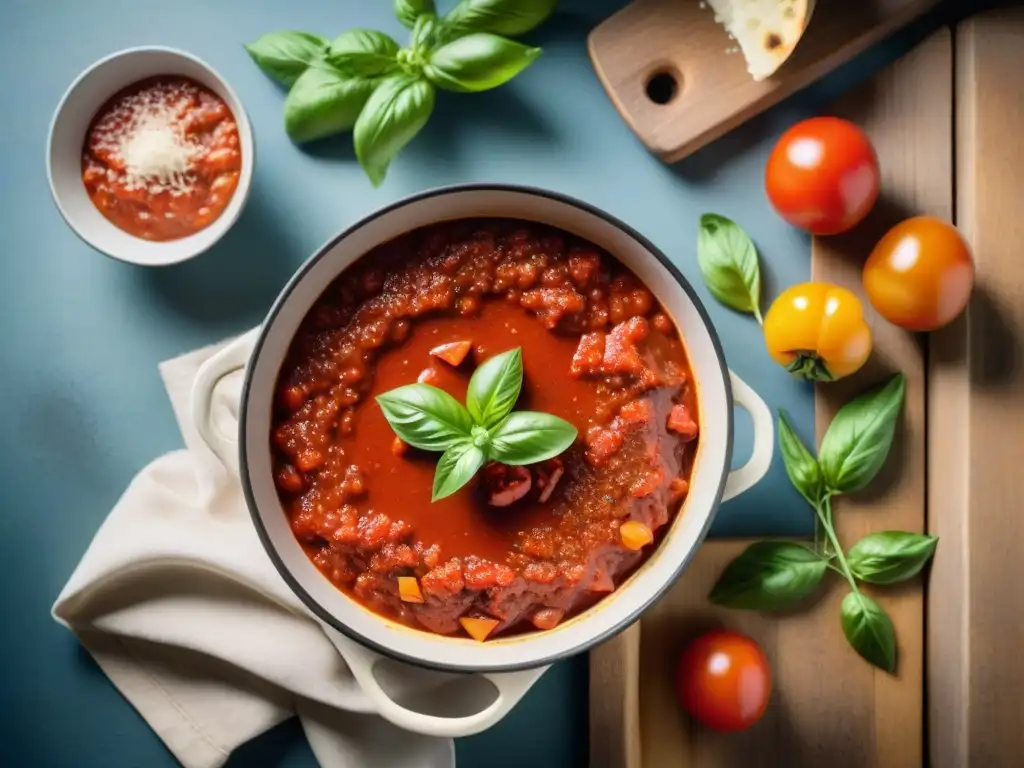 Deliciosa salsa de tomate italiana casera burbujeando en una olla de cocina rústica