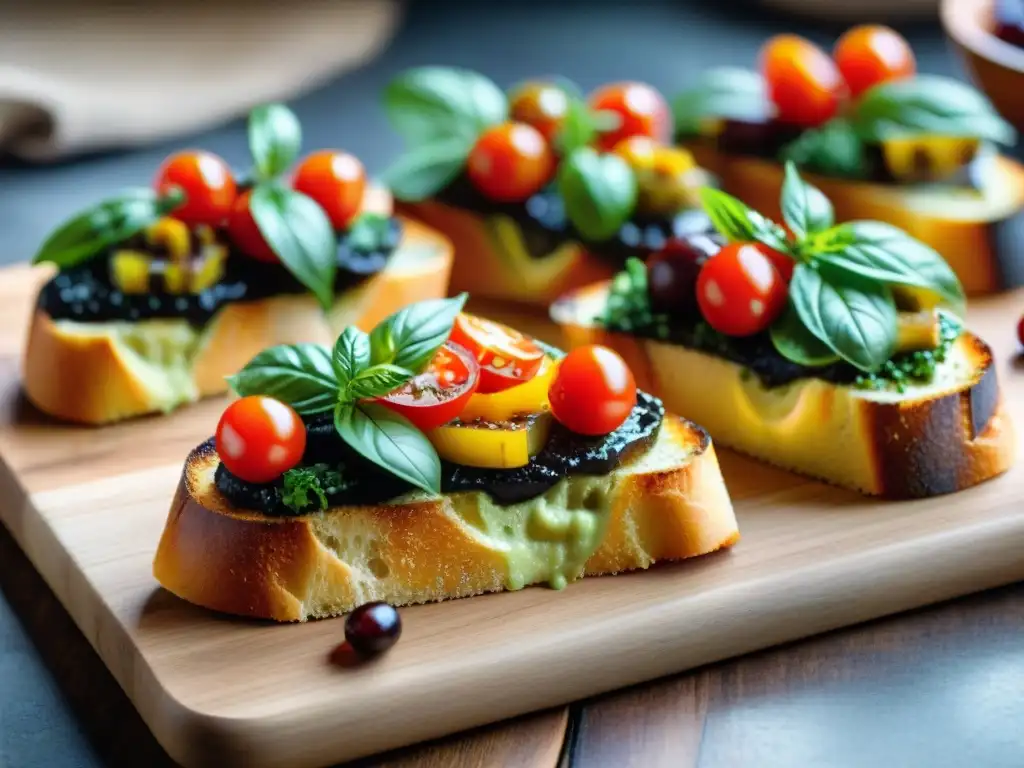 Deliciosa selección de bruschettas saludables, un festín de colores y sabores de la cocina italiana en una tabla de madera rústica