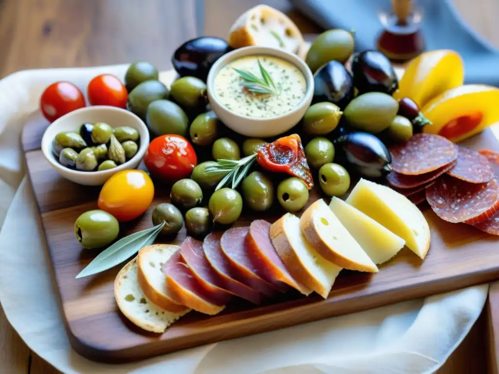 Una deliciosa selección de antipasti italianos tradicionales y modernos en un plato rústico de madera