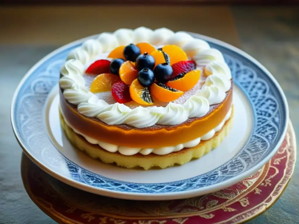 Deliciosa cassata siciliana con influencia árabe, decorada con patrones árabes y frutas confitadas
