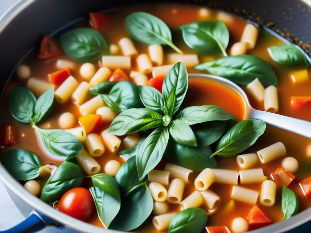 Deliciosa sopa italiana Minestrone receta tradicional con vegetales coloridos y pasta en caldo de tomate aromático