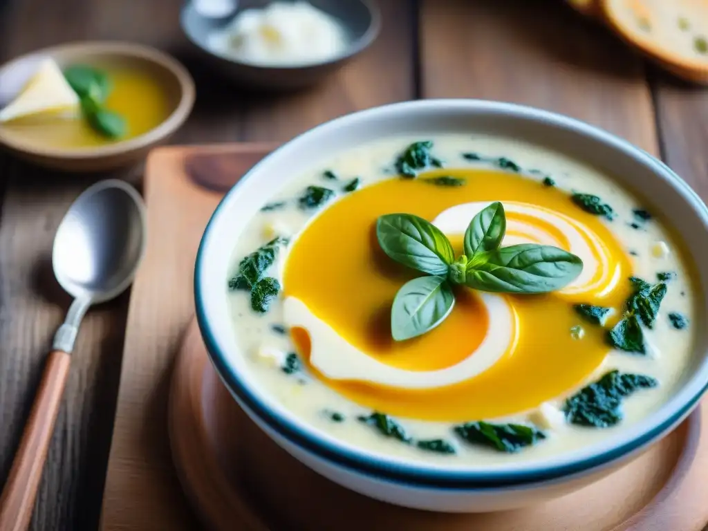 Una deliciosa sopa italiana Stracciatella receta tradicional en un plato de madera rústico