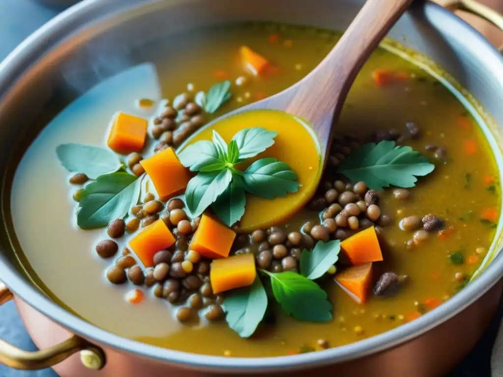 Evolución de una deliciosa sopa de lentejas italiana en una olla burbujeante, con ingredientes vibrantes y aromas reconfortantes