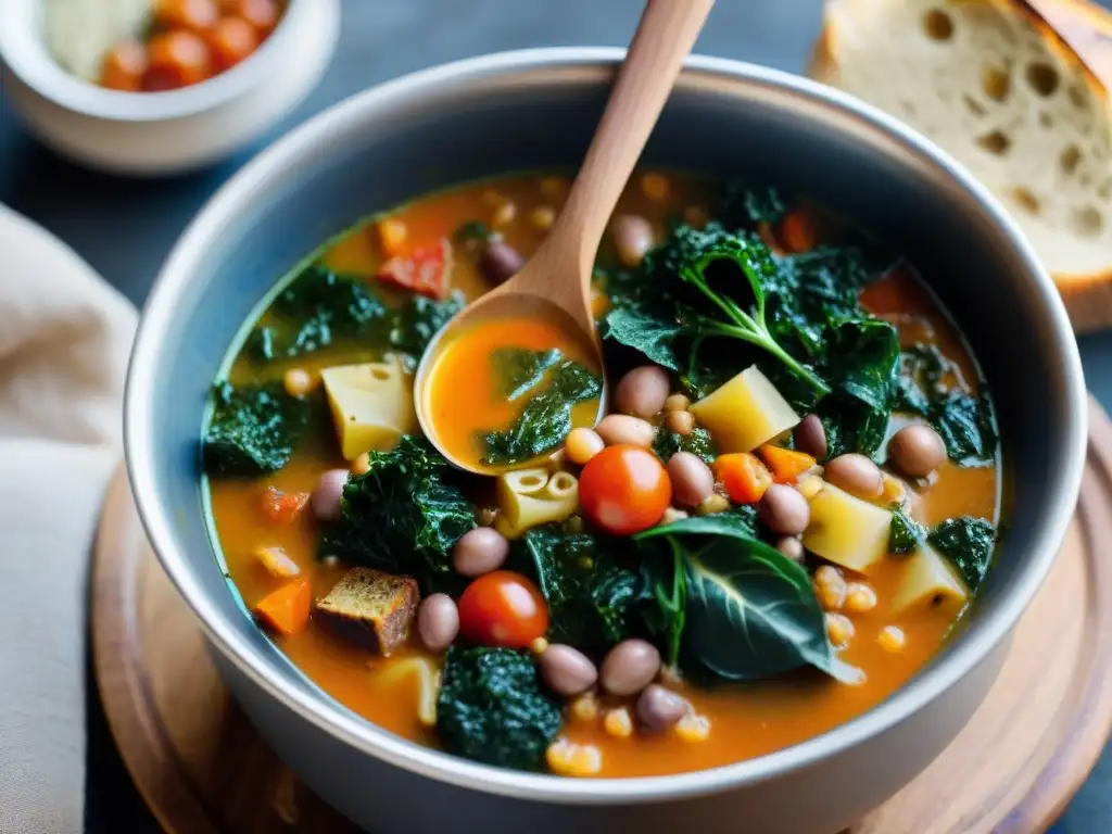 Deliciosa sopa toscana Ribollita receta: vapor y colores vibrantes evocan calidez y tradición