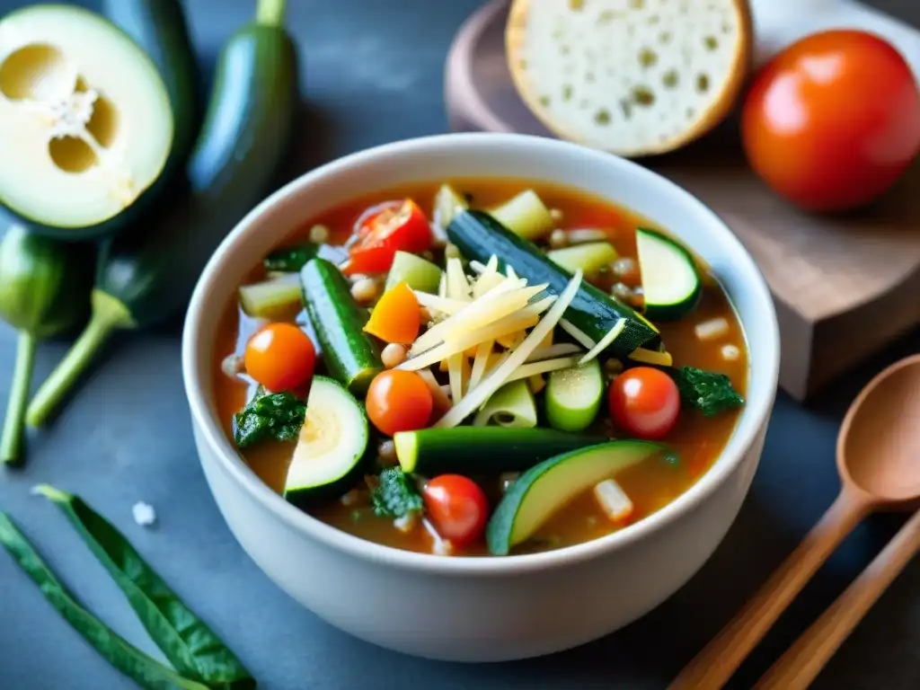 Una deliciosa sopa tradicional del norte de Italia, llena de color y vegetales frescos, con queso parmesano rallado por encima