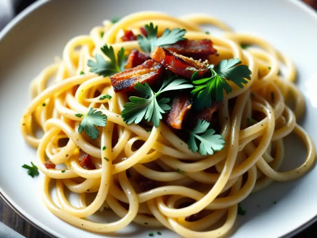 Deliciosa tendencia en la cocina italiana de restaurante: spaghetti carbonara con salsa cremosa, tocino crujiente y perejil fresco