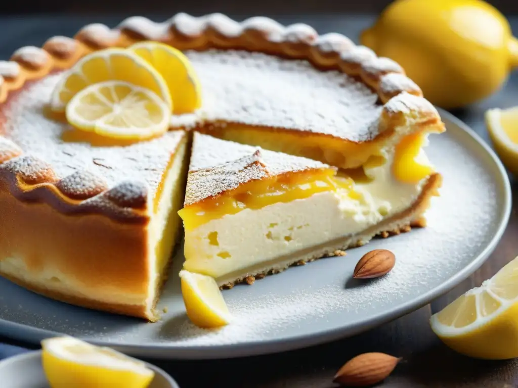 Una deliciosa Torta della Nonna dorada espolvoreada con azúcar glas, una obra maestra de la receta tradicional Torta della Nonna