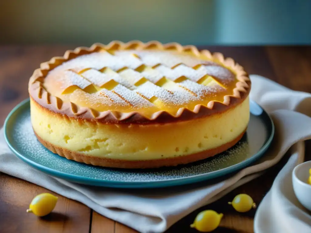 Una deliciosa Torta della Nonna dorada y espolvoreada con azúcar glas, en un plato vintage