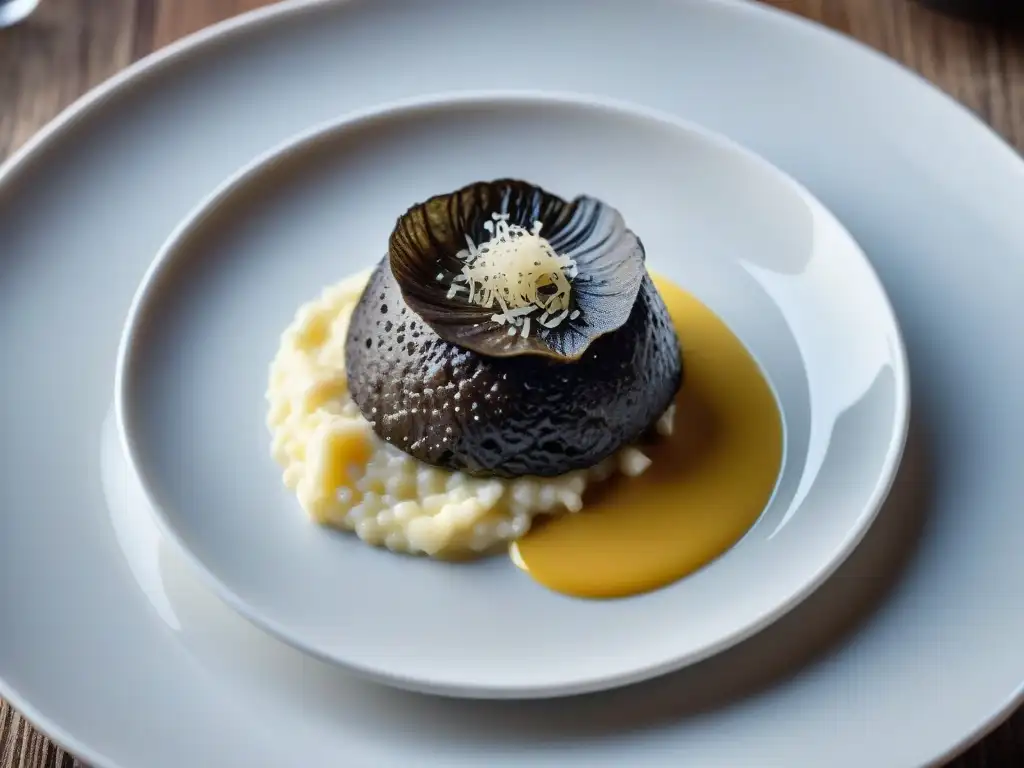 Deliciosa trufa negra recién cortada sobre risotto cremoso con queso parmesano y aceite de trufa en elegante plato blanco