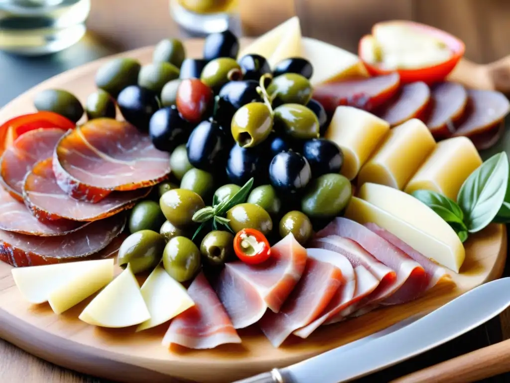 Deliciosa variedad de antipasto italiano en plato de madera