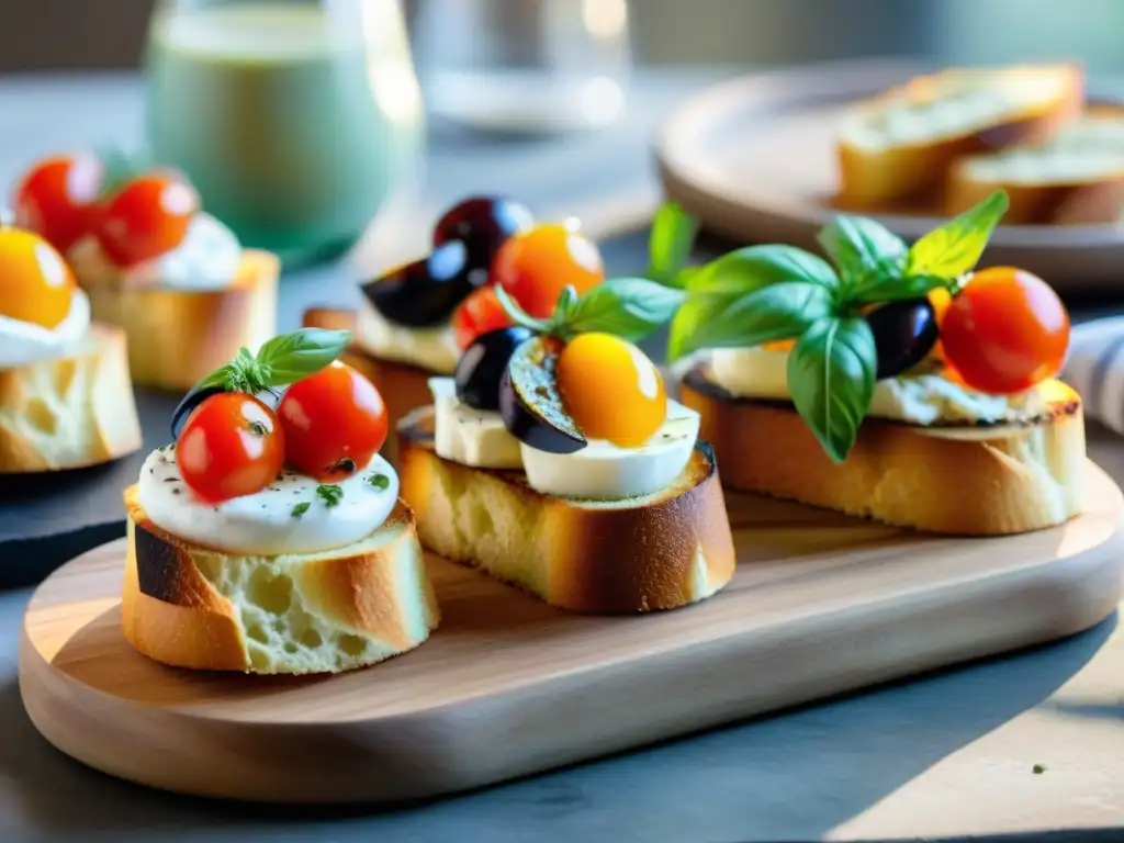 Una deliciosa variedad de crostini y bruschetta, resaltando las diferencias entre ambos