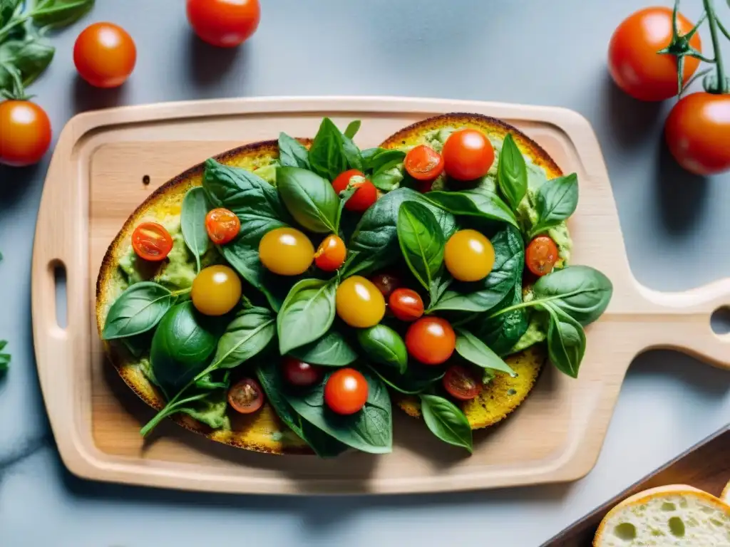 Deliciosa variedad de bruschettas saludables con tomate cherry, aguacate, rúcula y albahaca fresca en tabla de madera