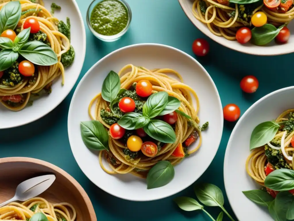 Deliciosa variedad de platos italianos saludables en dieta sobre mesa rústica: pasta, bruschetta, pesto y ensalada colorida