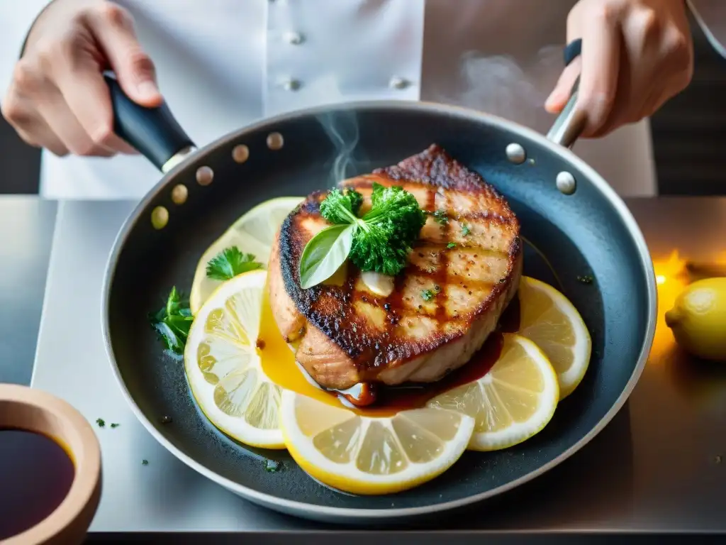 Deliciosa preparación de Scaloppine al Limone, con veal dorado en sartén caliente