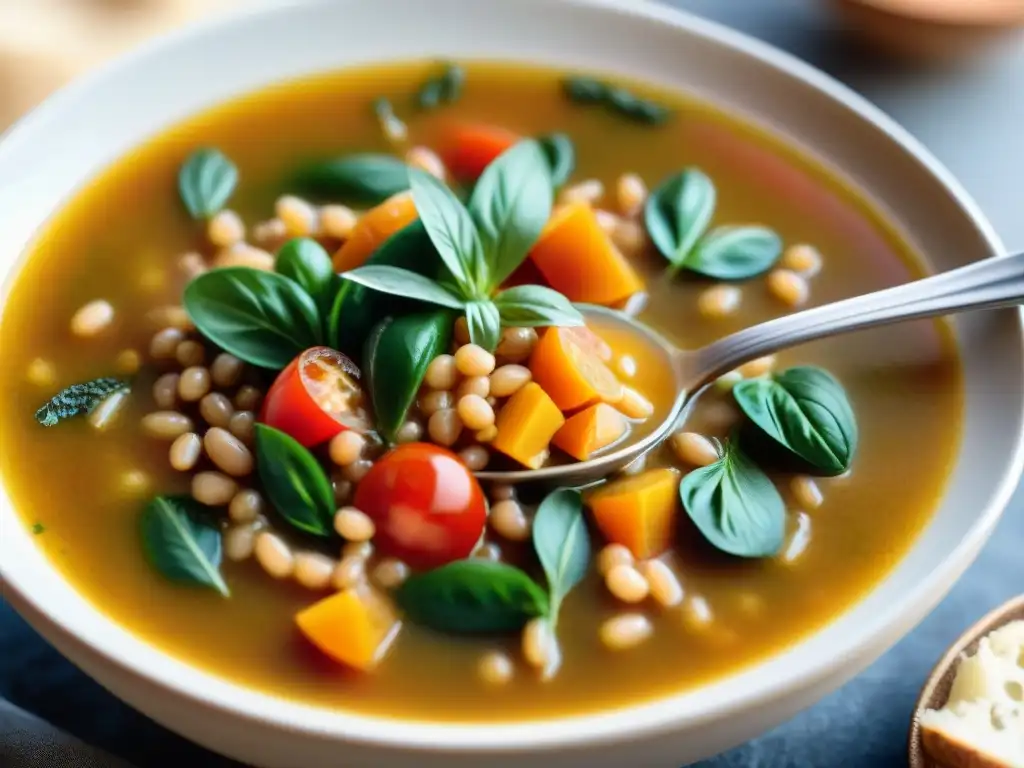 Deliciosa vista cercana de una reconfortante receta de sopa farro italiana vegetariana, con granos de farro, verduras y hierbas aromáticas