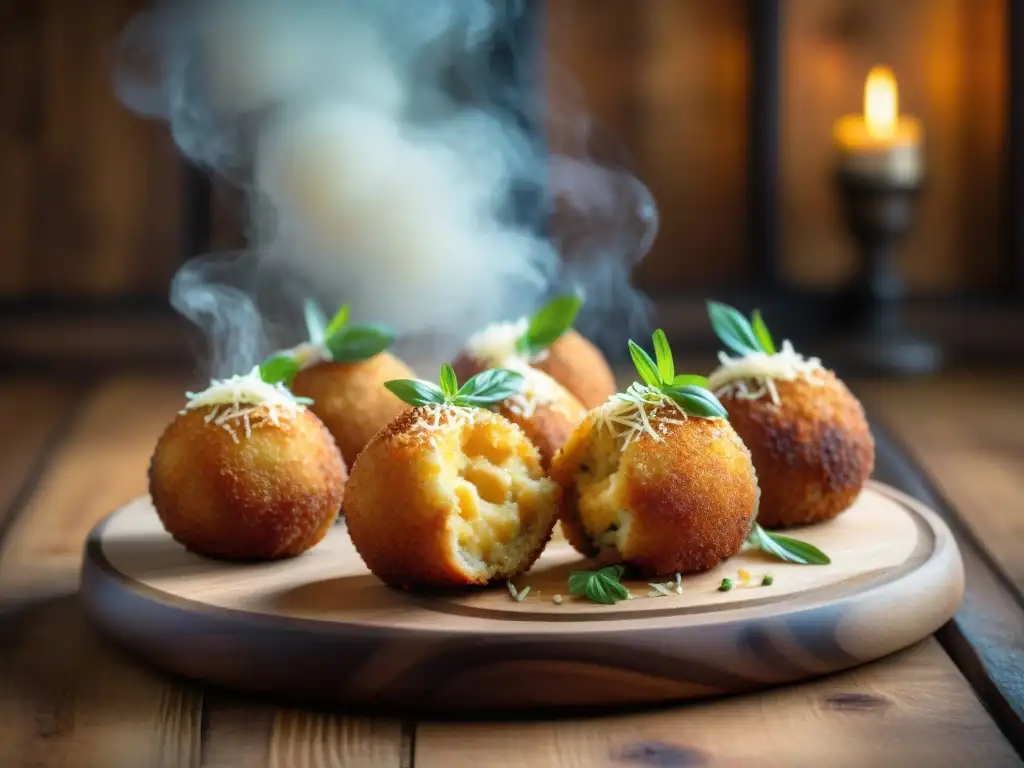 Deliciosas arancini caseras doradas y crujientes en plato de madera rústico