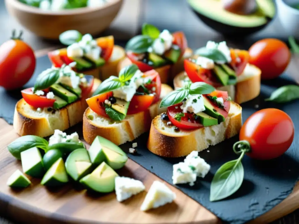 Deliciosas bruschettas saludables, recetas cocina italiana, con tomate, aguacate, balsámico y queso feta en tabla rústica