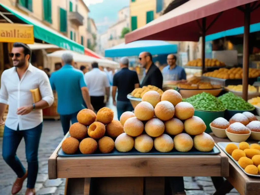 Deliciosas delicias de la street food siciliana en un bullicioso mercado callejero, con arancini, cannoli y panelle coloridos