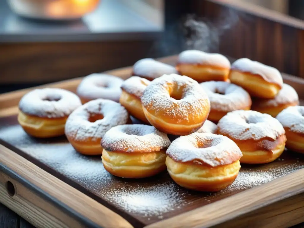 Deliciosas zeppole doradas espolvoreadas con azúcar glass en bandeja de madera rústica, en una bulliciosa cocina italiana