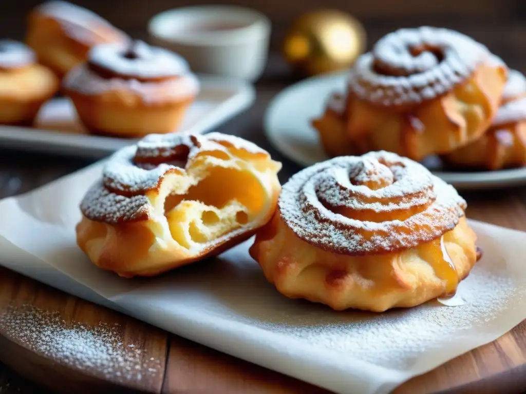 Deliciosas zeppole doradas, recién horneadas y espolvoreadas con azúcar glass en plato rústico