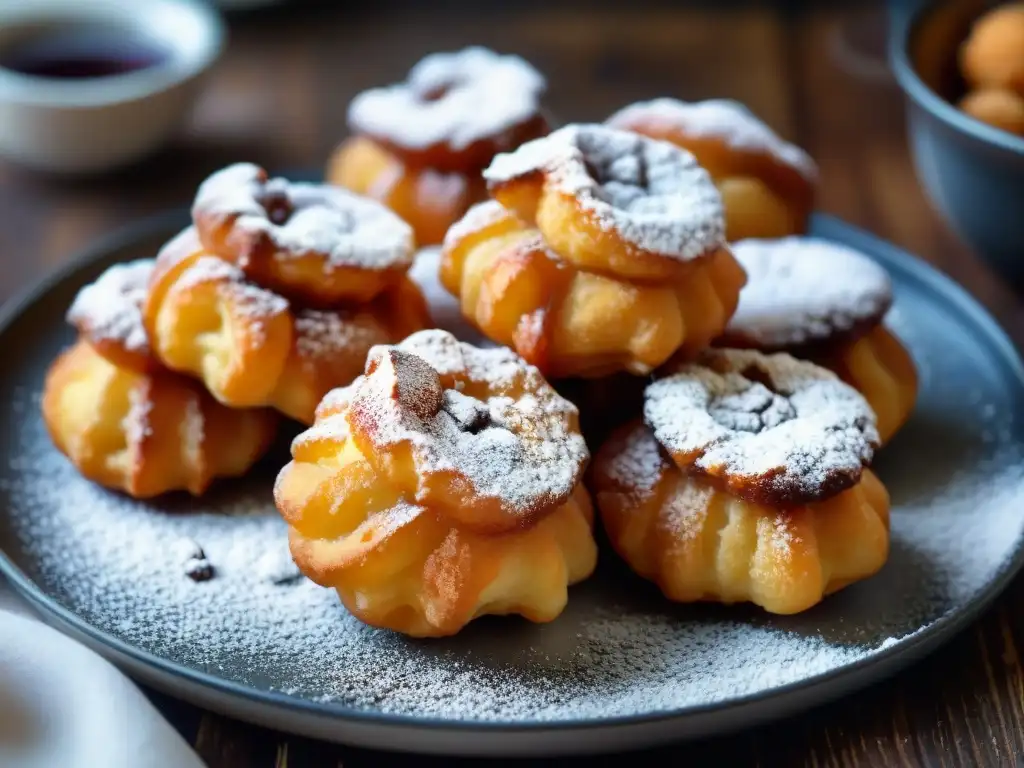 Deliciosas zeppole recién fritas en plato rústico de madera, con vapor tentador