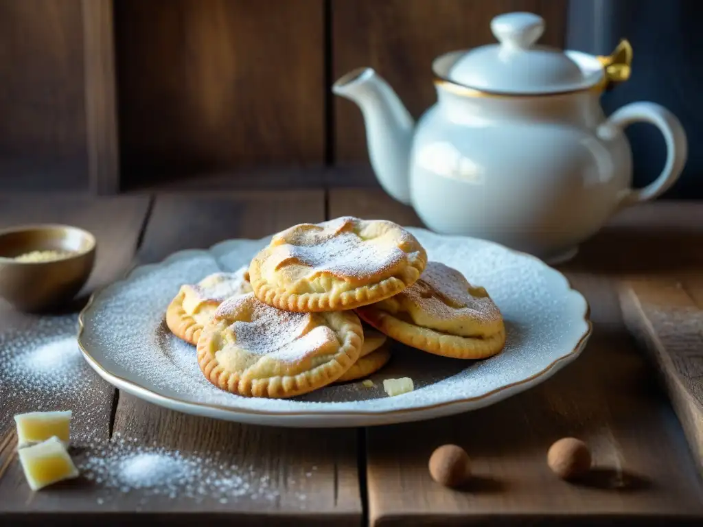 Deliciosas galletas italianas Torcetti al burro recién horneadas en mesa rústica junto a cafetera vintage y taza de porcelana