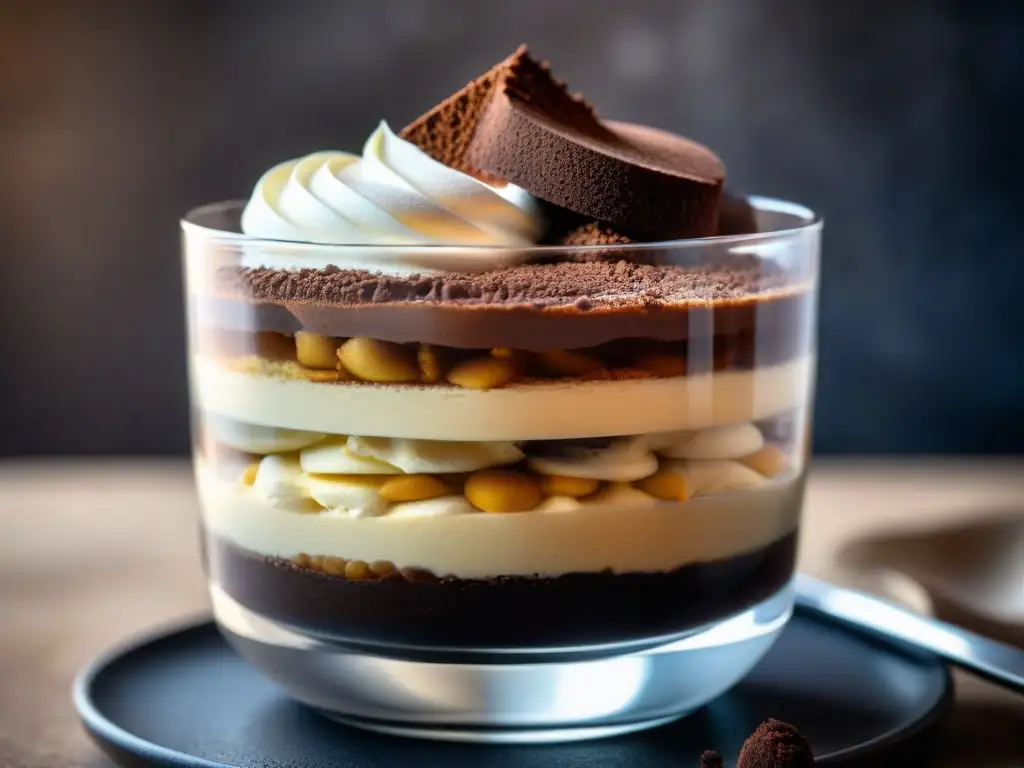 Deliciosas innovaciones en postres italianos: Tiramisú moderno con capas de esponja empapada en café, crema mascarpone y cacao en copa de cristal