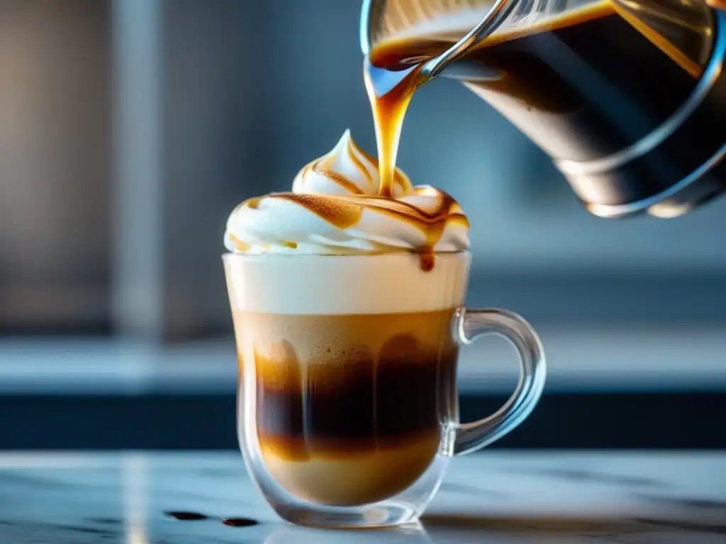 Delicioso affogato café: espresso caliente sobre helado de vainilla en vaso transparente