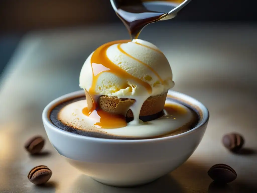 Un delicioso affogato: gelato de caramelo y café recién hecho se mezclan en una explosión de sabores