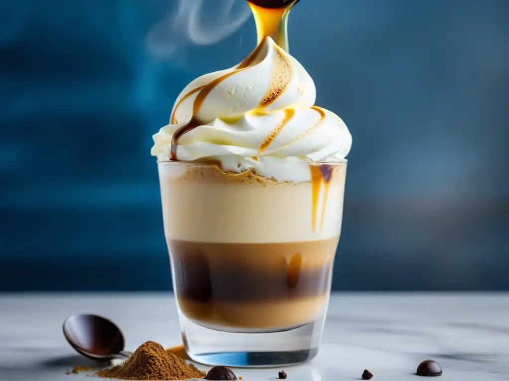 Delicioso affogato: espresso y helado en perfecta armonía Un delicioso Affogato helado: café caliente se funde con helado de vainilla en una taza transparente